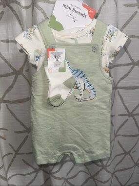 Petit Lem Light Green Dino Overall Set with Cream Tee and Socks